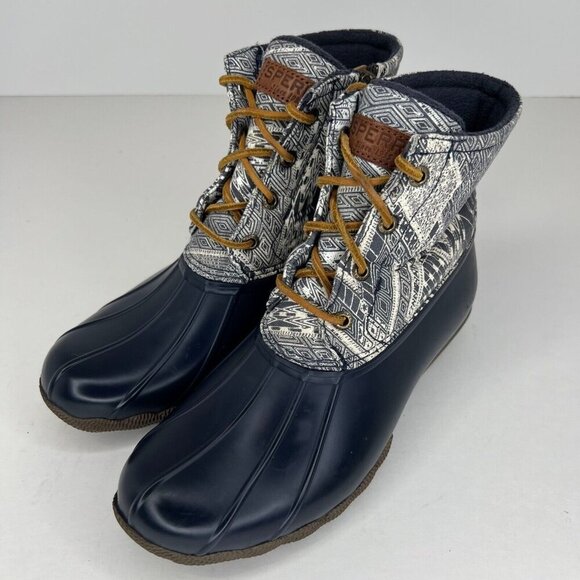 Sperry Top-Siders Womens STS97761 Blue Geometric Ankle Size 7.5 Rain Boots - Picture 1 of 9